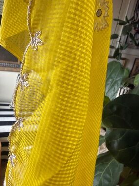 Bright Yellow Sheer Fabric Panel table cloth Indian embroidered wrap 40x94”